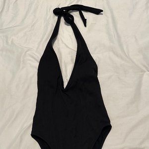 aerie Black Ribbed Halter Plunge Swimsuit